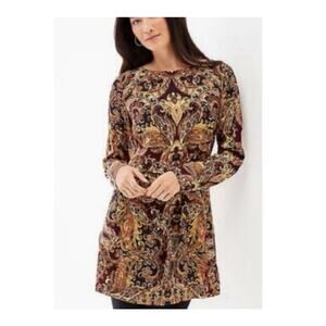 J. jill Paisley Long Sleeve Floral‎ Print Tunic Top 100% Rayon Lightweight XL